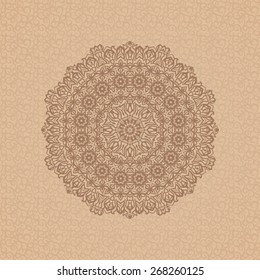 Round ornamental element over seamless pattern on the coffee-colored background. Vintage decorative vector element for wrapping, label, menu, invitations, greeting cards and others. 