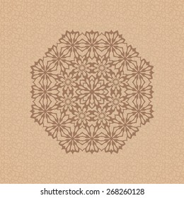 Round ornamental element over seamless pattern on the coffee-colored background. Vintage decorative vector element for wrapping, label, menu, invitations, greeting cards and others. 