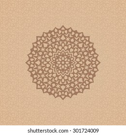 Round ornamental element over seamless pattern on the coffee-colored background. Vintage decorative vector element for wrapping, label, menu, invitations, greeting cards and others.