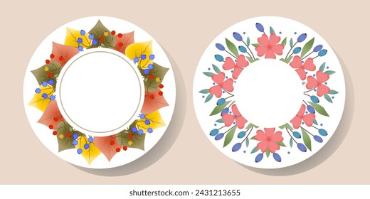 Round ornamental, floral frame or border.Autumn and Spring. For decorating plates, dishes. Set.