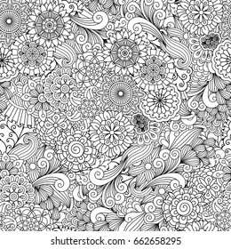 Round ornamental flower and decorative leaves adult coloring pattern. Black and white vector background