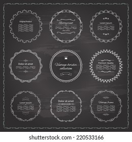 Round ornamental frame and label set on chalkboard background.
