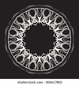 Round ornamental frame on a dark background.