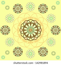 Round ornamental geometric pattern on a yellow background