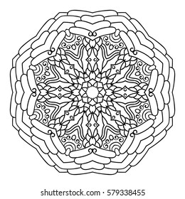 Round ornamental mandala for coloring book, Isolated design element, Vector black and white zentangle art illustration 
