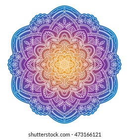 Round ornamental mandala with gradient in Blue, Violet and Orange. Indian, Islam, Arabic motifs. Vector hand drawn illustration.