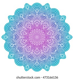 Round ornamental mandala with gradient in Cyan, Violet and Purple. Indian, Islam, Arabic motifs. Vector hand drawn illustration.