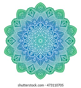 Round ornamental mandala with gradient in Green and Blue. Indian, Islam, Arabic motifs. Vector hand drawn illustration.