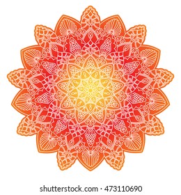 Round ornamental mandala with gradient in Orange, Red and Yellow. Indian, Islam, Arabic motifs. Vector hand drawn illustration.