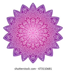 Round ornamental mandala with gradient in Violet and Pink. Indian, Islam, Arabic motifs. Vector hand drawn illustration.