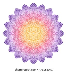 Round ornamental mandala with gradient in Violet, Pink and Orange. Indian, Islam, Arabic motifs. Vector hand drawn illustration.