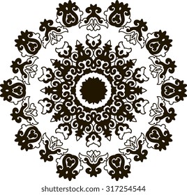 Round ornamental pattern. Beautiful mandala. Black and white.