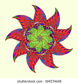 round ornamental pattern from colored floral doodle elements