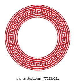 Round ornamental red colored frame isolated on white, greek border . Vector illustration.