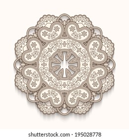 Round ornamental trivet on white, poker-work, vector rosette, handmade wooden decoration, eps10