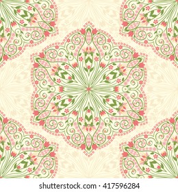 Round ornamental vector shape isolated on white. Seamless floral pattern background. Vector illustration.