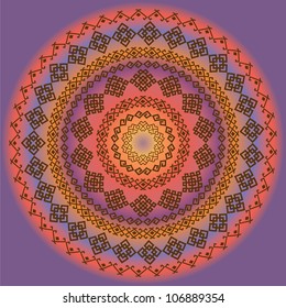 Round ornamental vector shape on purple, red and orange colors. oriental arabesque pattern background.