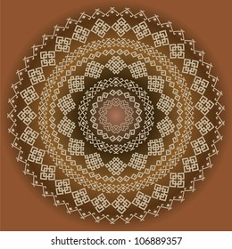 Round ornamental vector shape on brown colors. oriental arabesque pattern background.