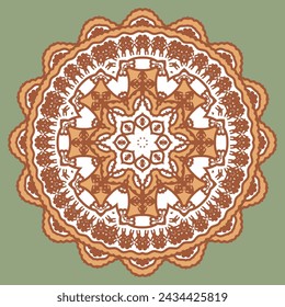 Round ornamented brown and white panel, mandala, decorative element. Version No. 3. Vector illustration