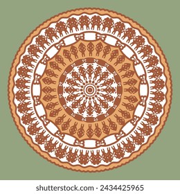 Round ornamented brown and white panel, mandala, decorative element. Vector illustration