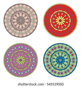 Round ornaments collection, Mandala geometric floral decoration. Colored circular patterns, isolated design elements on a white background. Tribal ethnic arabic, indian, motif