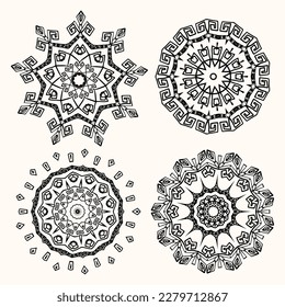 Round ornaments in ethnic, Turkic style. Decorative elements. 