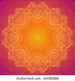 Round Ornate Henna Mandala Design Background. Lace background for greeting card or holiday banner. 