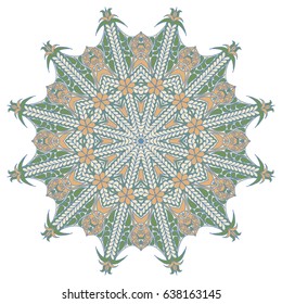 Round Ornate Pattern for Tile. Template for Orient Mosaic in Ancient Desaturated Colors. Colorful Turkish Decoration. Imitation of Old Motif for Stained-Glass or Aged Decorated Floor