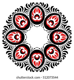 Round ornate vector black and red curly floral frame in ethnic style