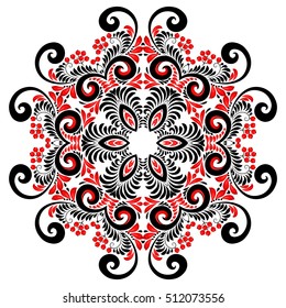 Round ornate vector black and red curly floral background in ethnic style