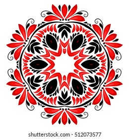 Round ornate vector black and red curly floral circle in ethnic style