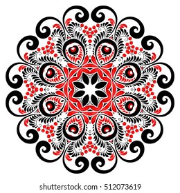 Round ornate vector black and red curly floral background in ethnic style