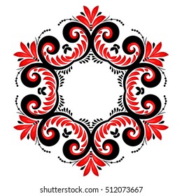 Round ornate vector black and red curly floral frame in ethnic style