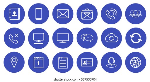 Round Outline Communication Icons Set on blue background