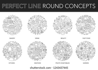 Round outline concept of bakery, drink, beauty, fast food, kitchen, seafood, fruits vegetables, garden icons. Thin line stroke vector icons set for cover, emblem, badge, flyers and posters.