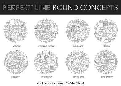 Round outline concept of medicine, recycling energy, insurance, fitness, ecology, eco energy, dental care, biochemistry. Thin line stroke vector icons set for cover, emblem, badge, flyers and posters.