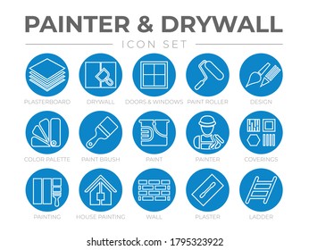 Round Outline Painter and Drywall Icon Set with Plasterboard, Paint Roller, Brush, Painter Color Palette, Painting, Wall, Plaster, Ladder Icons