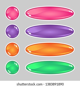 
Round and oval 2D buttons of different sizes and different colors (pink, purple, orange, green) for the design of interfaces and menu applications and games.