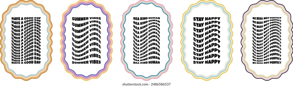 Round oval boho retro frames with colorful wavy lines and motivational quotes	