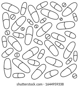 Round and oval capsule tablets. Antibiotic, vitamins, aspirin. Narcotic drugs contour vector illustration. Background.