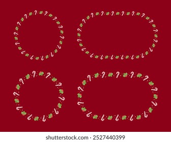 Round and Oval Christmas Frame Border Set, Winter Holiday Graphics. Cute Mistletoe and Candy Cane pattern, card and social media post template vector illustration.