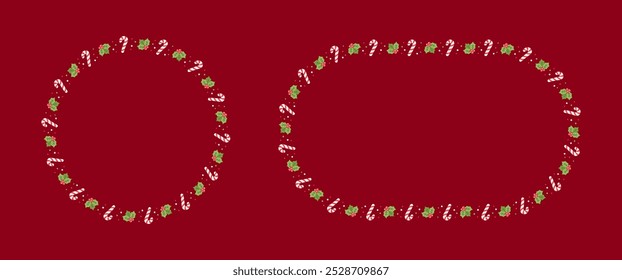 Round and Oval Christmas Frame Border Set, Winter Holiday Graphics. Cute Mistletoe and Candy Cane pattern, card and social media post template vector illustration.