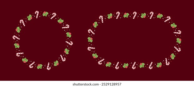 Round and Oval Christmas Frame Border Set, Winter Holiday Graphics. Cute Mistletoe and Candy Cane pattern, card and social media post template vector illustration.