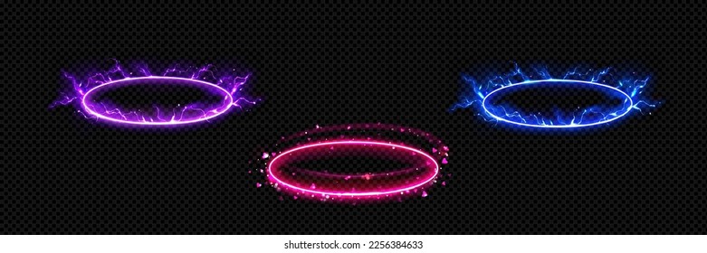 Round or oval energy platforms png set isolated on transparent background. Realistic vector illustration of neon blue, red, purple circle frames with lightning power discharge, hearts, sparkles effect