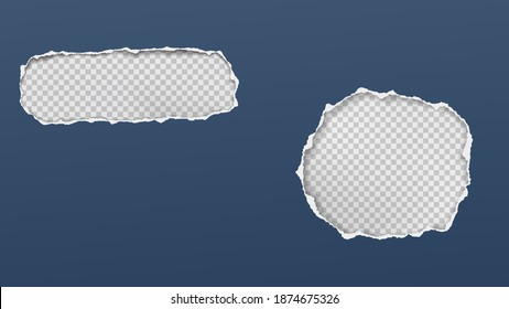 Round and oval holes composition in blue paper with torn edges and soft shadow are on transparent background. Vector illustration