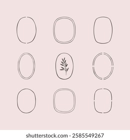 Round and oval logo frame set. Geometric line circle design frames. Vector shape for packaging, labels, postcards, invitations, social media post. 