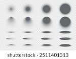 Round and oval objects with shadows. Gray circle shades on floor or wall surface. Different circle templates with shadow effect. Vector set isolated on transparent.