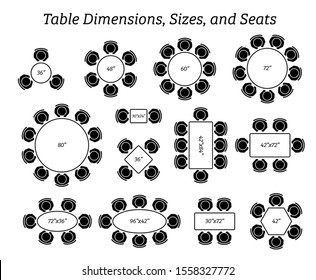 Round, oval, and rectangular table dimensions, sizes, and seating. Pictogram icons depict the top view and number of seating in different type of table design and sizes. 