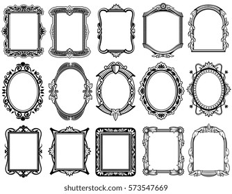 Round, oval, rectangular vintage victorian, baroque vector frames. Set of floral elegant frames illustration