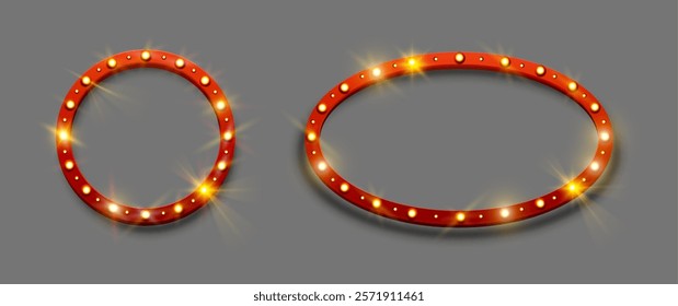 Round and oval shaped retro signage with light bulbs. Vector classic casino or theater, cinema or club decor. Mockup for trendy graphic designs. Illuminated frames, show performance information board